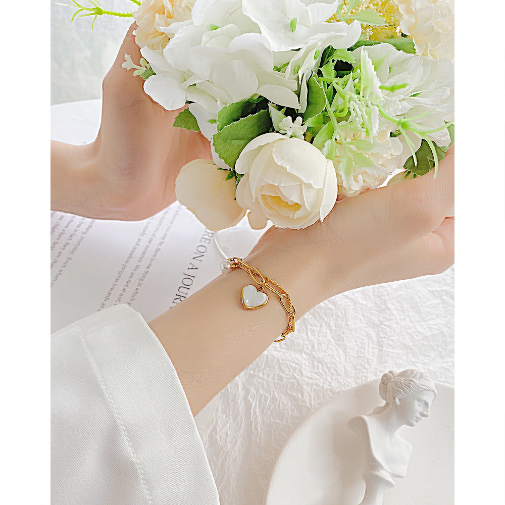 Light Luxury Double-Layer Unisex Pearl Bracelet Female Simple Fashion Chain Heart-Shaped Accessories