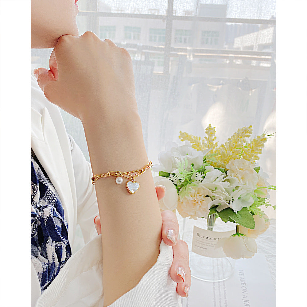 Light Luxury Double-Layer Unisex Pearl Bracelet Female Simple Fashion Chain Heart-Shaped Accessories