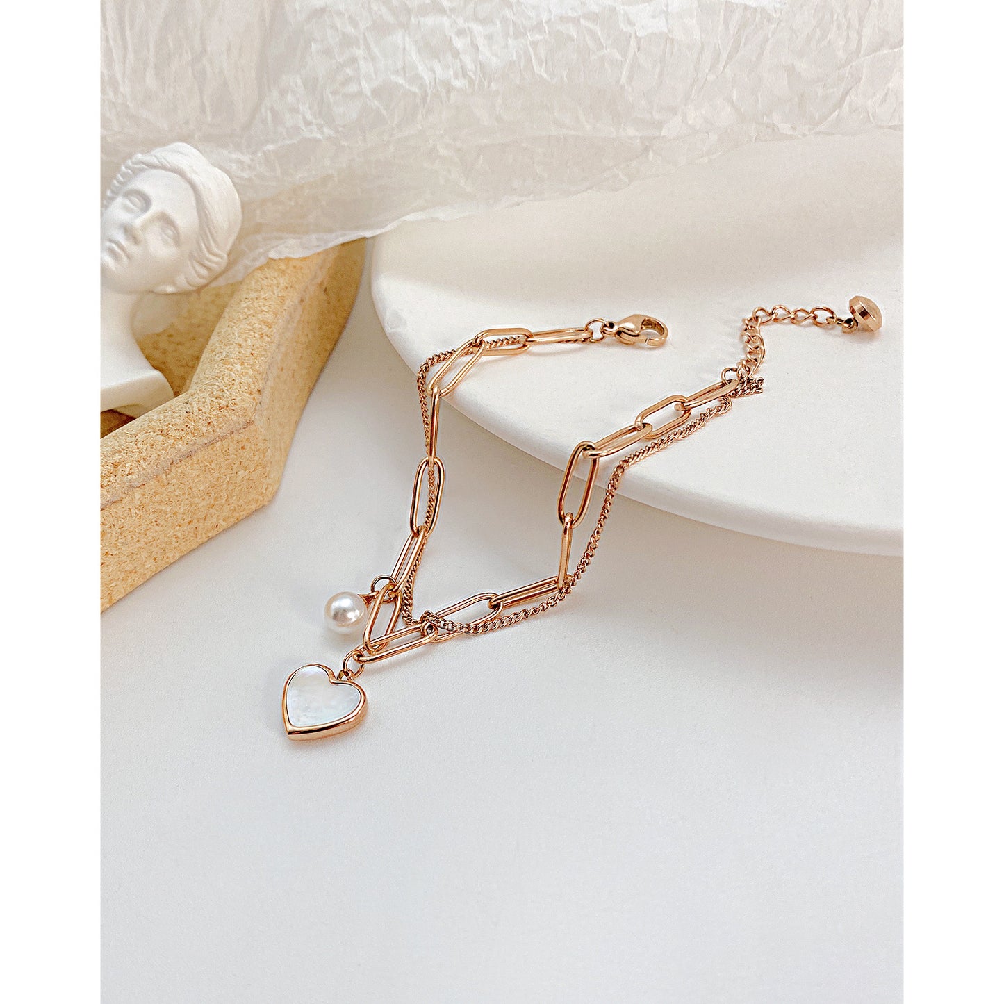 Light Luxury Double-Layer Unisex Pearl Bracelet Female Simple Fashion Chain Heart-Shaped Accessories